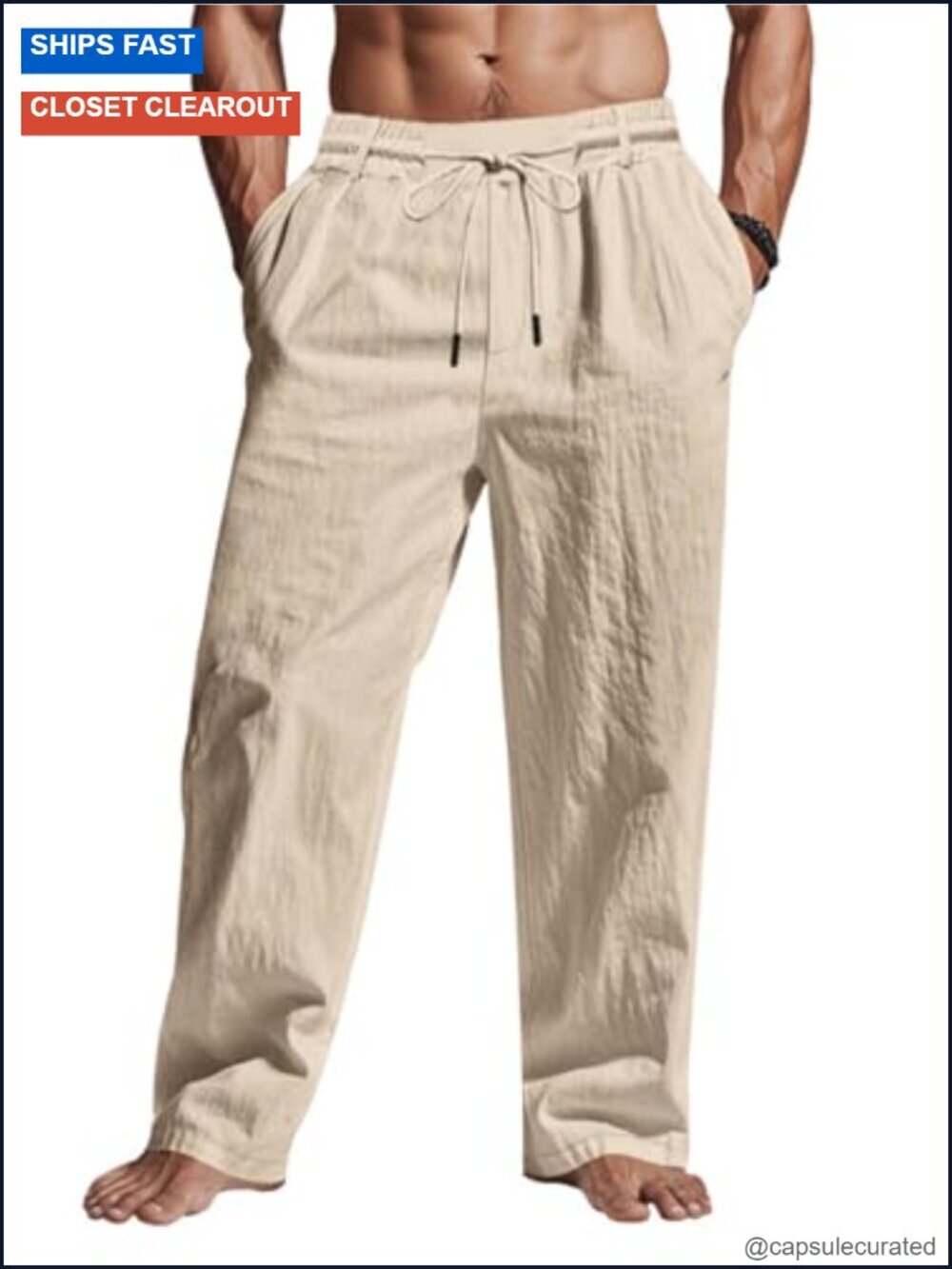 Men's Linen Pants Drawstring Elastic Waist Pockets Loose Fit Straight Leg
